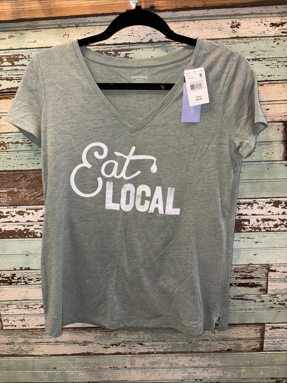NEW Motherhood Maternity Sage Green 'Eat Local' V-Neck Tee